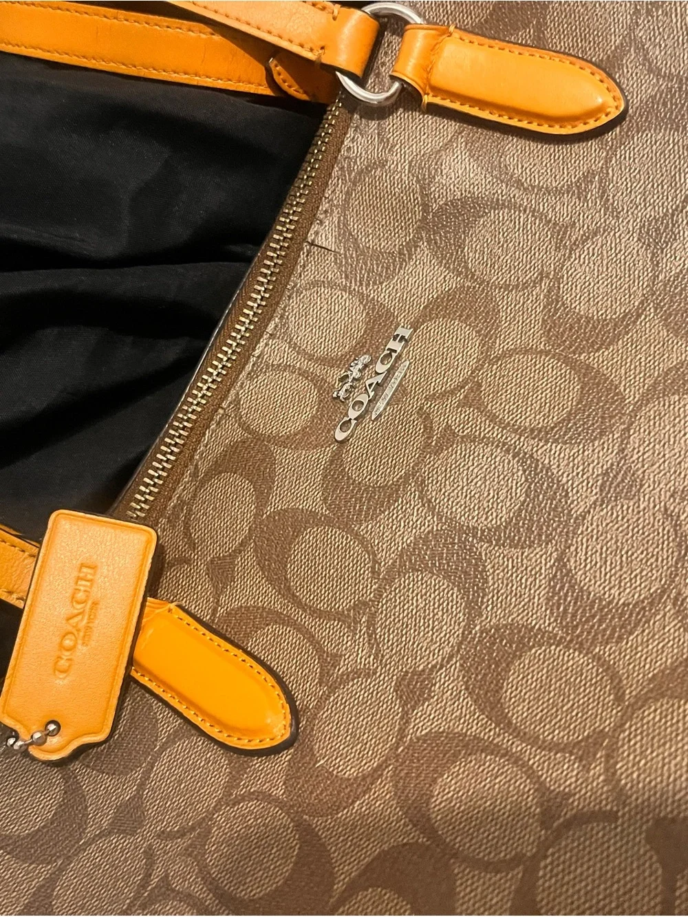 Coach Tan Signature Tote with Orange Leather Trim and Matching Wallet